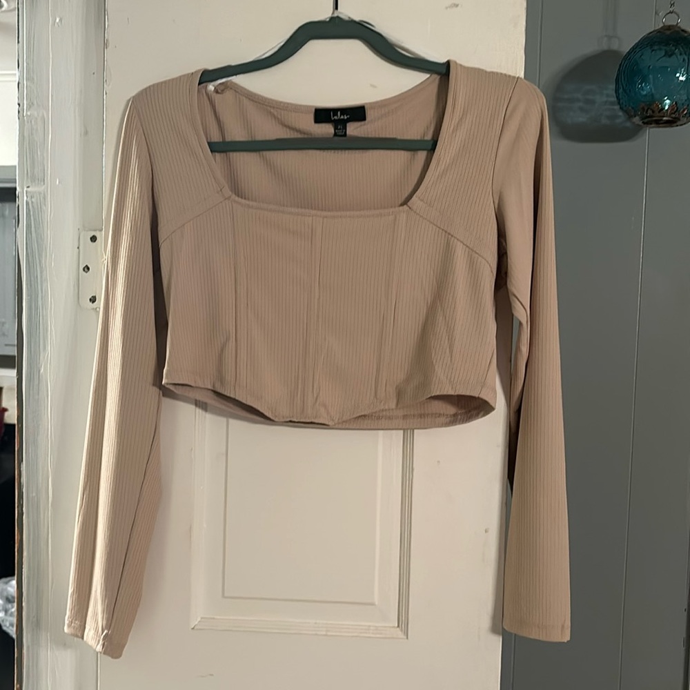 Lulus Corset Top - Women’s Shirt - Long Sleeve Shirt - Crop Top - Gifts - Tan - Picture 1 of 6